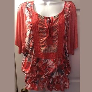 ONE WORLD Pink Floral crochet Top Blouse Shirt